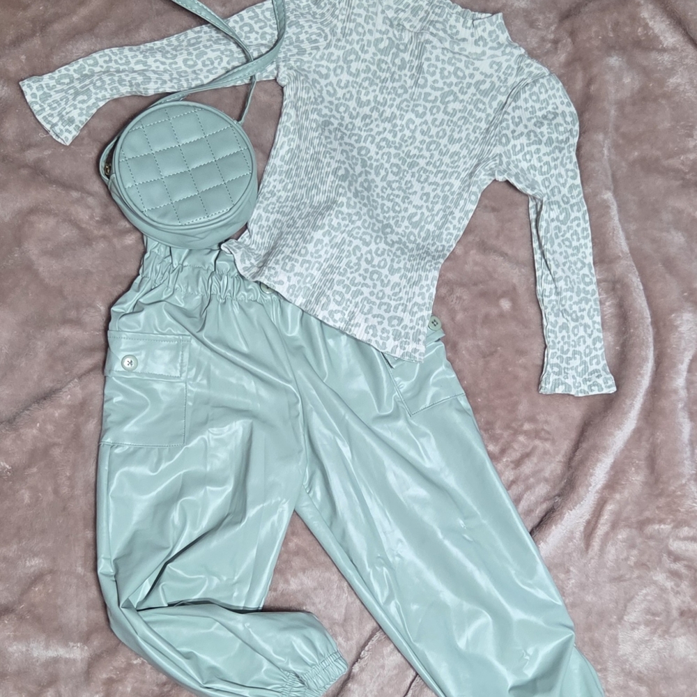 Chic Girl's Mint Joggers And Animal Print Shirt 3 Pc